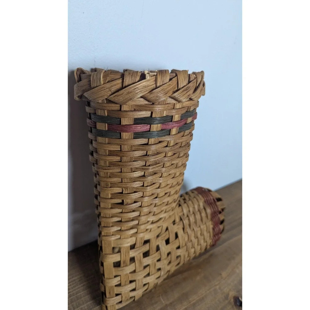 N. Wells‎ Signed Hand Woven Wood Splint Boot Stocking Basket Wall Pocket Rustic
